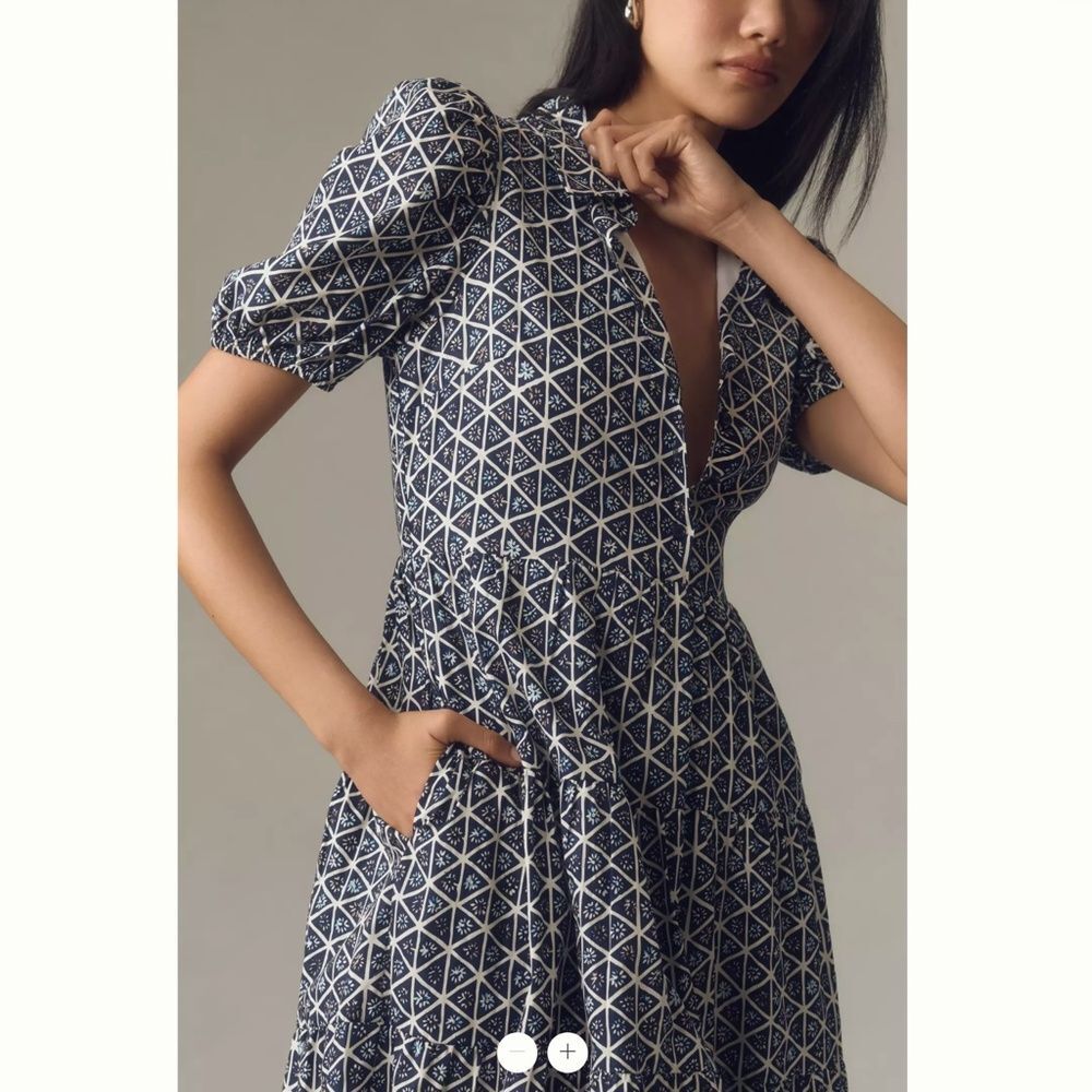 Anthropologie English Factory Puff-Sleeve Tiered Midi Shirt Dress - Picture 2 of 4